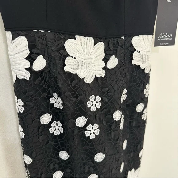 Aidan by Aidan Mattox black white floral lace mini dress one-shoulder bow NWT - Picture 4 of 10